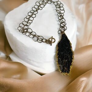 Boho‎ Black Stone Gold Plated Artisan Feather/Arrowhead Necklace